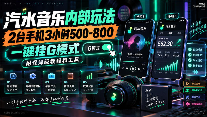 汽水音乐内部玩法,2台手机3小时500-800,一键挂G模式,附保姆级教程和工具【揭秘】-卓越网创