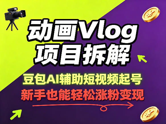 动画Vlog项目拆解，豆包AI辅助短视频起号，新手也能轻松涨粉，43条作品涨粉8.3W-卓越网创