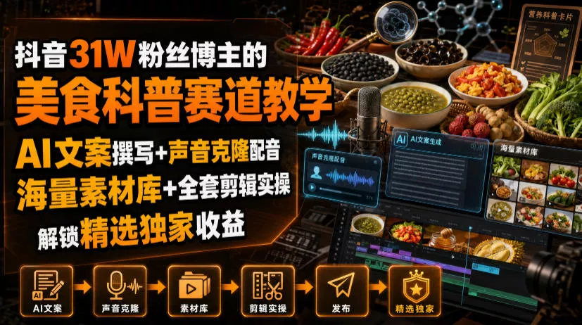 抖音31W粉丝博主的美食科普赛道教学，AI文案撰写+声音克隆配音+剪辑实操，解锁精选独家收益-卓越网创
