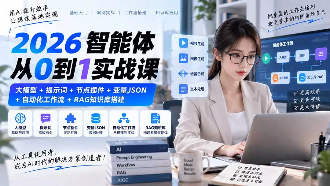 2026智能体从0到1实战课|大模型+提示词+节点插件+变量JSON+自动化工作流+RAG知识库搭建-卓越网创