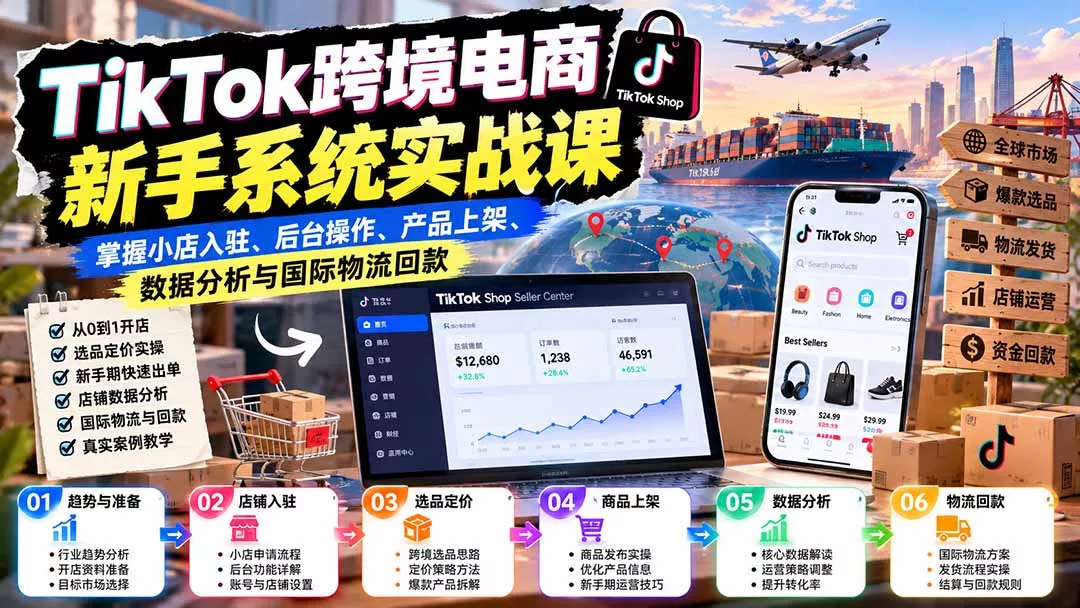 TikTok跨境电商新手系统实战课：掌握小店入驻、后台操作、产品上架、数据分析与国际物流回款-卓越网创