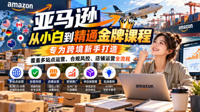 亚马逊从小白到精通金牌课程，专为跨境新手打造，覆盖多站点运营、合规风控、店铺运营全流程-卓越网创