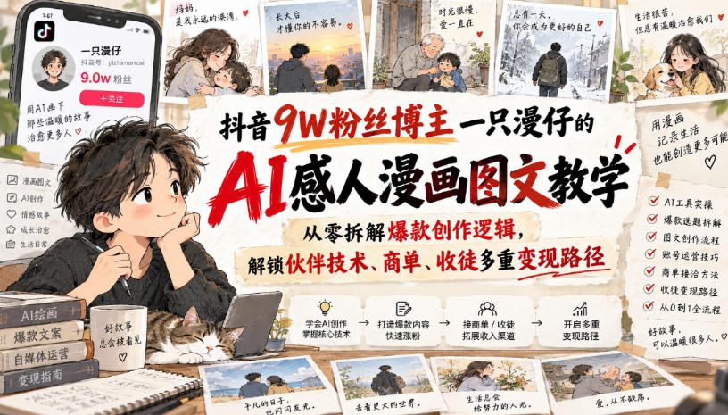 抖音9W粉丝博主一只漫仔的AI感人漫画图文教学，从零拆解爆款创作逻辑，解锁伙伴技术、商单、收徒多重变现路径-卓越网创