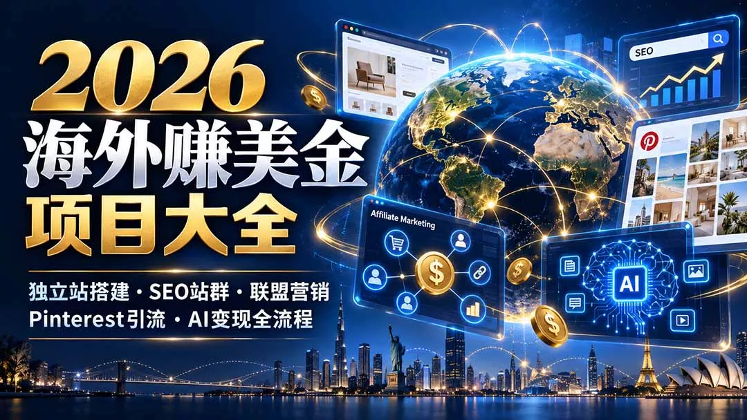 2026海外赚美金项目大全：独立站搭建、SEO站群、联盟营销、Pinterest引流与AI变现全流程-卓越网创