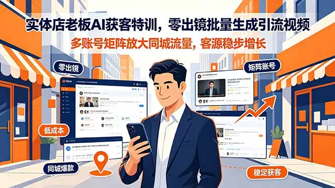 实体店老板AI获客特训，零出镜批量生成引流视频，多账号矩阵放大同城流量，客源稳步增长-卓越网创