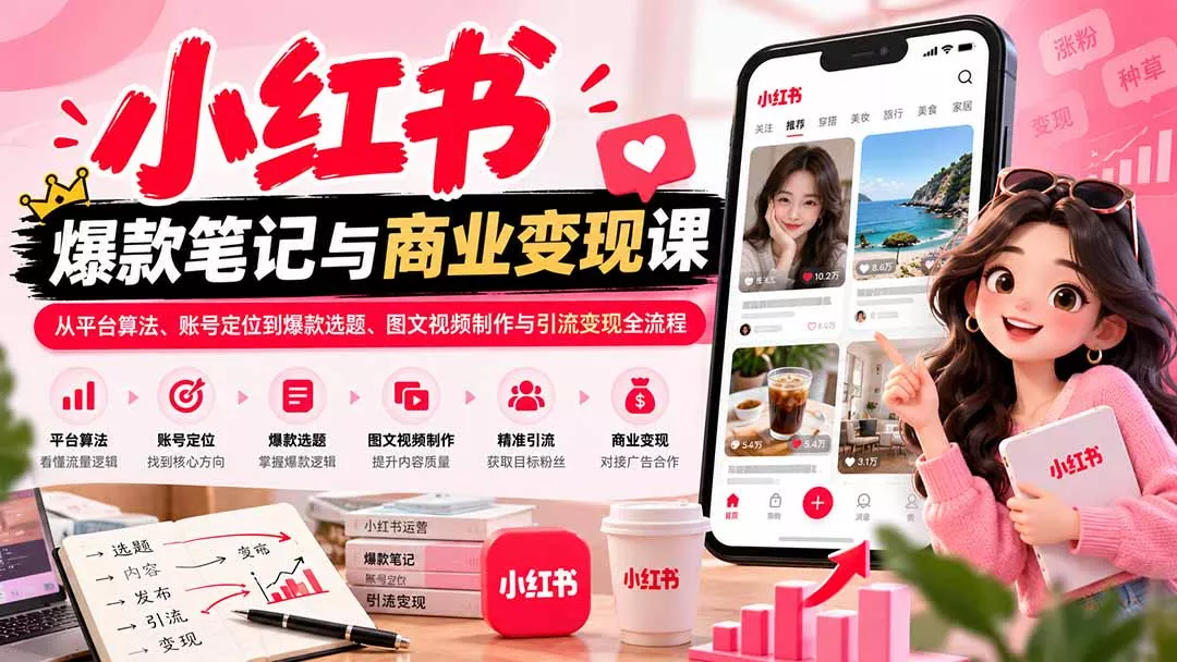 2026小红书爆款笔记与商业变现课：从平台算法、账号定位到爆款选题、图文视频制作与引流变现全流程-卓越网创