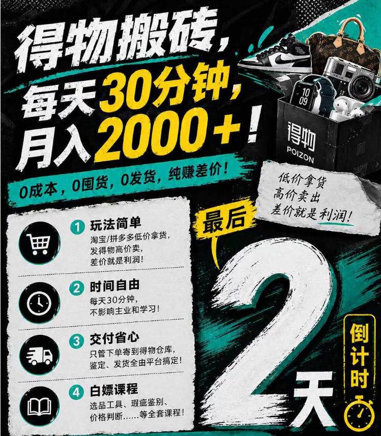 （18298期）得物搬砖，0成本起步每天30分钟，月入2000+，0成本，0囤货，0发货，纯賺差价