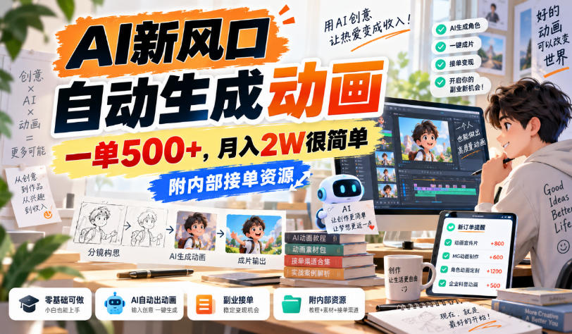 AI新风口,自动生成动画,一单500+,月入2W很简单,附内部接单资源【揭秘】-卓越网创