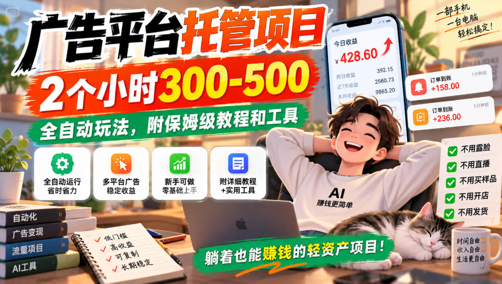 广告平台托管项目，2个小时300-500，全自动玩法，附保姆级教程和工具，小白照着就能做【揭秘】-卓越网创