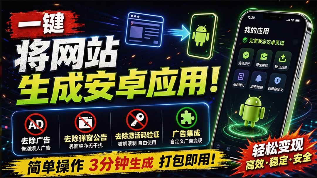 （20305期）目前最好用，一键将网站生成安卓应用！支持去除广告、弹窗公告、激活码验证、广告集成等 web-to-app-卓越网创