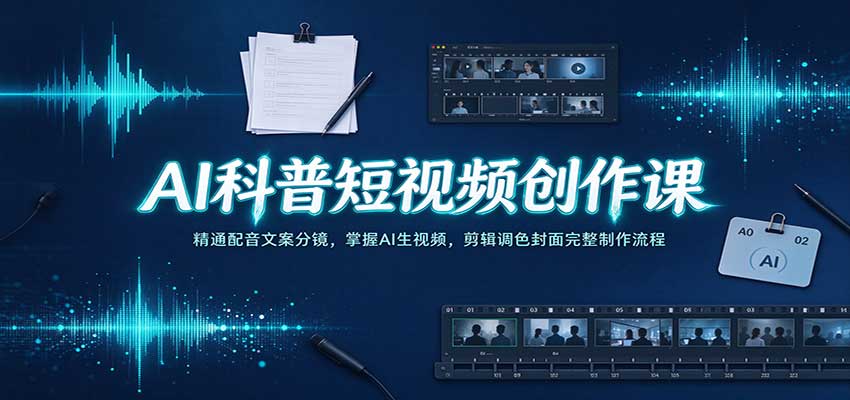 AI科普短视频创作课：精通配音文案分镜，掌握AI生视频，剪辑调色封面完整制作流程-卓越网创