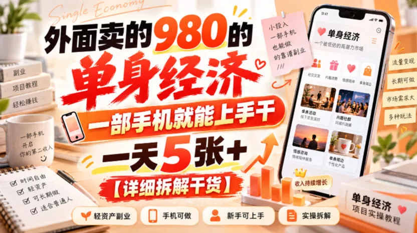 外面卖的980的单身经济,一部手机就能上手干,一天5张+【详细拆解干货】 外面卖的980的单身经济,一部手机就能上手干,一天5张+【详细拆解干货】