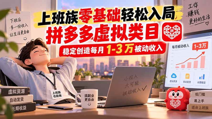 (20250期)上班族零基础轻松入局,拼多多虚拟类目,稳定创造每月 1-3 万被动收入-卓越网创