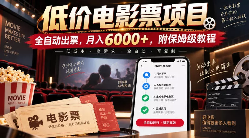 低价电影票项目,全自动出票,月入6000+,附保姆级教程【揭秘】 低价电影票项目,全自动出票,月入6000+,附保姆级教程【揭秘】