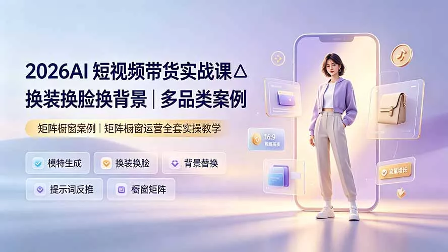 2026AI短视频带货实战课△换装换脸换背景|多品类案例|矩阵橱窗运营全套实操教学 2026AI短视频带货实战课△换装换脸换背景|多品类案例|矩阵橱窗运营全套实操教学