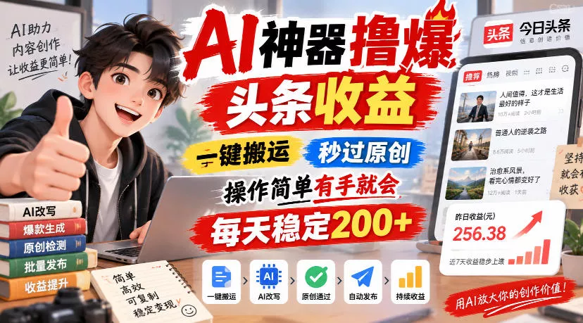 AI神器撸爆头条收益,一键搬运,秒过原创,操作简单有手就会,每天稳定200+【揭秘】-卓越网创