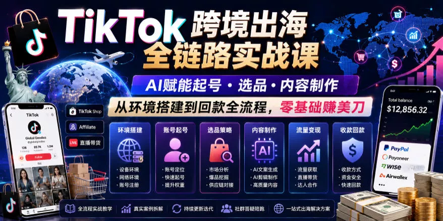 TikTok跨境出海全链路实战课，AI赋能起号・选品・内容制作，从环境搭建到回款全流程，零基础賺美刀-卓越网创