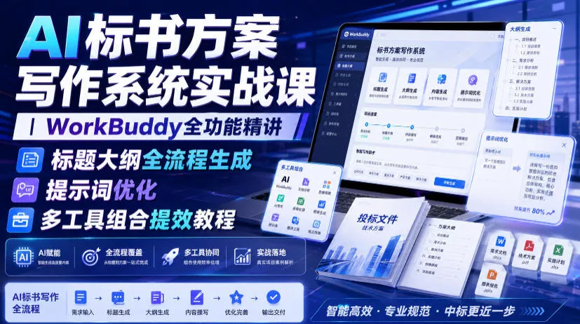 AI标书方案写作系统实战课|WorkBuddy全功能精讲・标题大纲全流程生成・提示词优化・多工具组合提效教程 AI标书方案写作系统实战课|WorkBuddy全功能精讲・标题大纲全流程生成・提示词优化・多工具组合提效教程