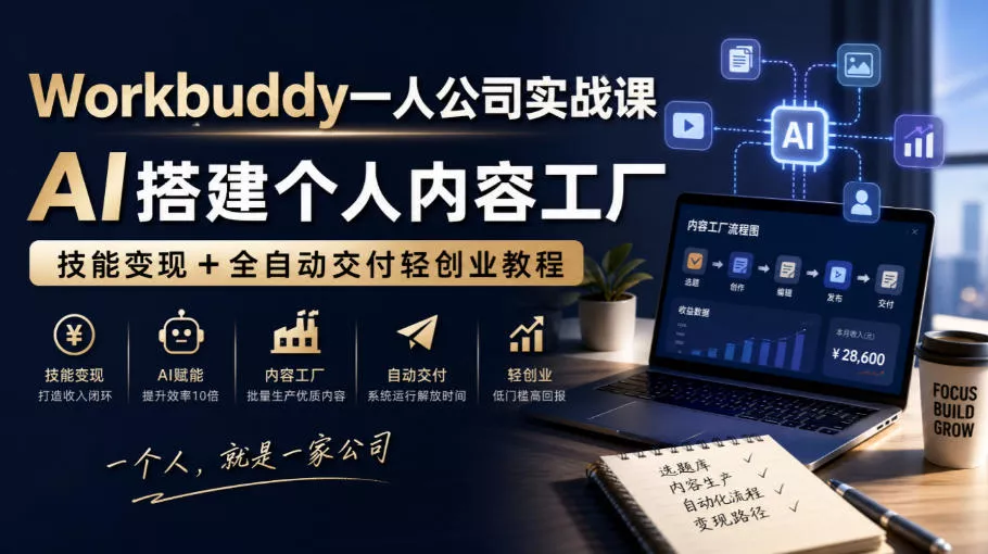 Workbuddy一人公司实战课,AI搭建个人内容工厂,技能变现+全自动交付轻创业教程-卓越网创