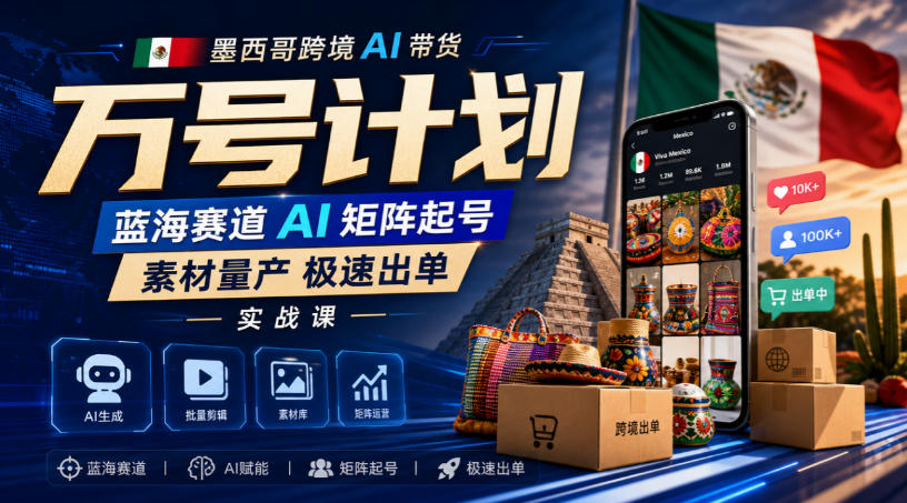 墨西哥跨境AI带货万号计划,蓝海赛道AI矩阵起号,素材量产极速出单实战课-卓越网创