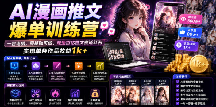 AI漫画推文爆单训练营,一台电脑,零基础可做,吃透百亿推文赛道红利,实现单条作品收益1k+(更新0705) AI漫画推文爆单训练营,一台电脑,零基础可做,吃透百亿推文赛道红利,实现单条作品收益1k+(更新0705)