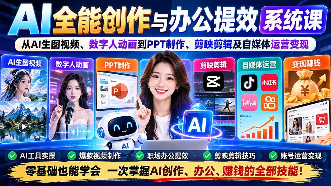 （20885期）AI全能创作与办公提效系统课：从AI生图视频、数字人动画到PPT制作、剪映剪辑及自媒体运营变现-卓越网创