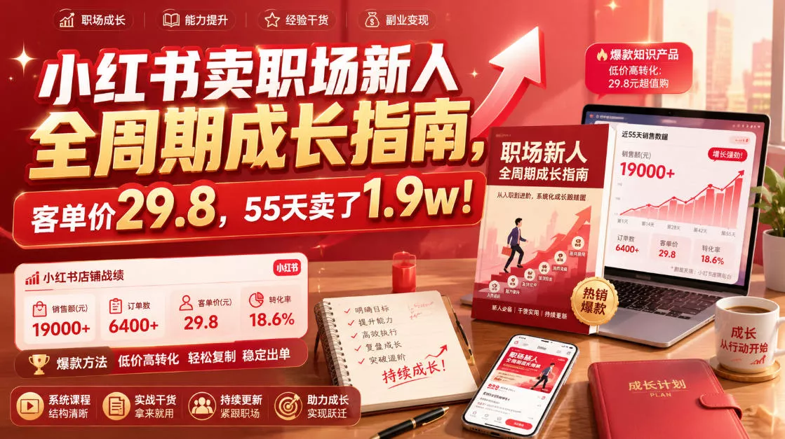 小红书卖职场新人全周期成长指南，客单价29.8，55天卖了1.9w！-卓越网创