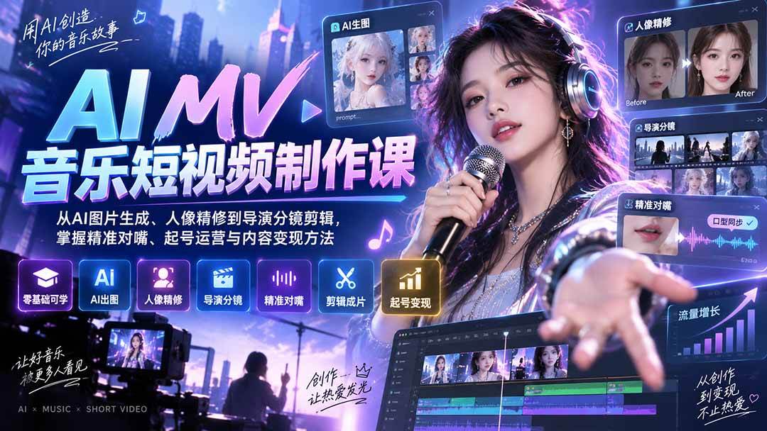 (20364期)AI MV音乐短视频制作课:从AI图片生成、人像精修到导演分镜剪辑,掌握精准对嘴、起号运营与内容变现方法-卓越网创