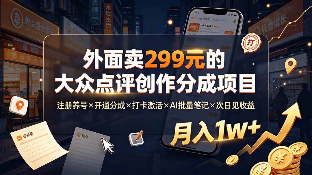 (19488期)外面卖299元的大众点评创作分成项目:注册养号×开通分成×打卡激活×AI批量笔记×次日见收益,月入1w+ (19488期)外面卖299元的大众点评创作分成项目:注册养号×开通分成×打卡激活×AI批量笔记×次日见收益,月入1w+