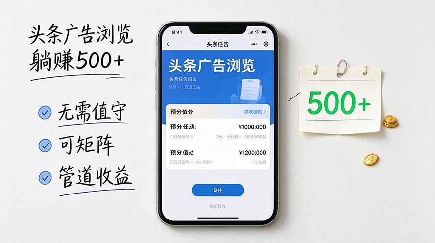 （20835期）头条广告浏览躺赚500+无需值守，可矩阵并附有管道收益-卓越网创