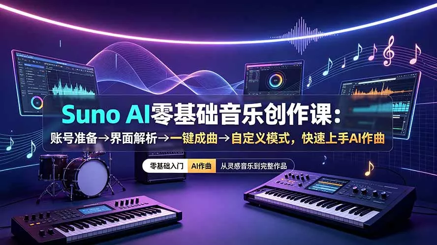 Suno AI零基础音乐创作课:账号准备→界面解析→一键成曲→自定义模式,快速上手AI作曲 Suno AI零基础音乐创作课:账号准备→界面解析→一键成曲→自定义模式,快速上手AI作曲