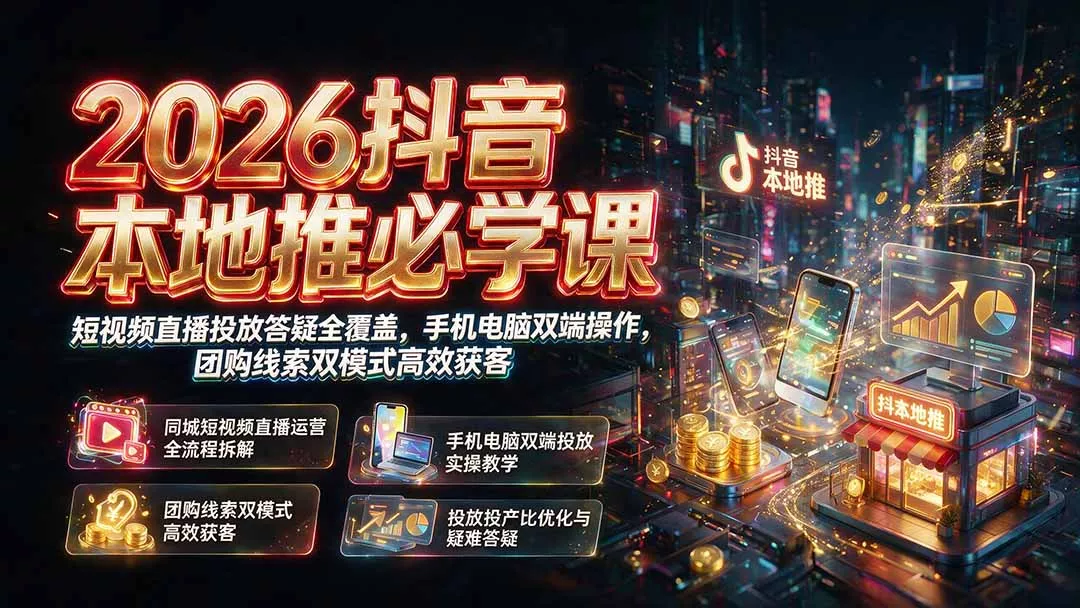 2026抖音本地推必学课｜短视频直播投放答疑全覆盖，手机电脑双端操作，团购线索双模式高效获客-卓越网创