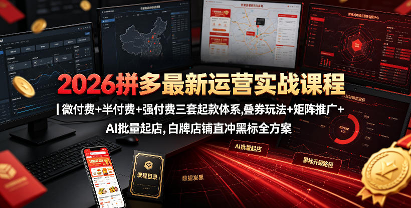 2026拼多多最新运营实战课程｜微付费+半付费+强付费三套起款体系，叠券玩法+矩阵推广+AI批量起店，白牌店铺直冲黑标全方案-卓越网创