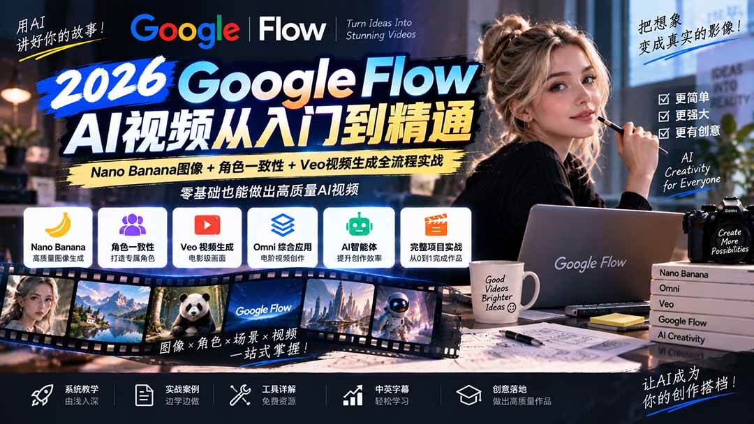 (20608期)【无水印】Google Flow AI视频从入门到精通:Nano Banana图像+角色一致性+Veo视频生成全流程实战-精翻中英字幕-卓越网创