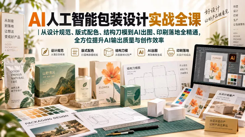 AI人工智能包装设计实战全课｜从设计规范、版式配色、结构刀模到AI出图、印刷落地全精通-卓越网创