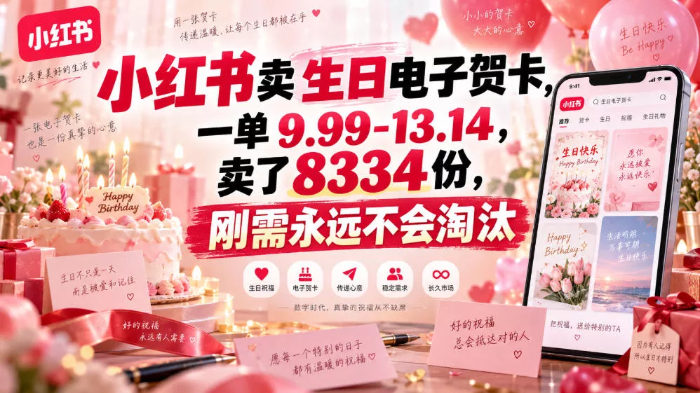 小红书卖生日电子贺卡,一单9.99-13.14,卖了8334份,刚需永远不会淘汰-卓越网创