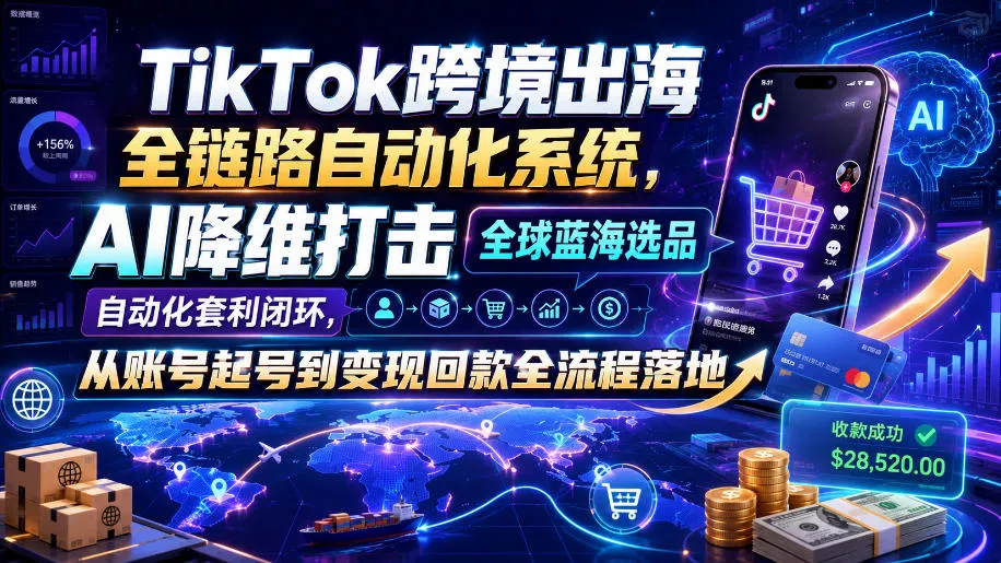 TikTok跨境出海全链路自动化系统,AI降维打击全球蓝海选品自动化套利闭环,从账号起号到变现回款全流程落地(2026年7月) TikTok跨境出海全链路自动化系统,AI降维打击全球蓝海选品自动化套利闭环,从账号起号到变现回款全流程落地(2026年7月)