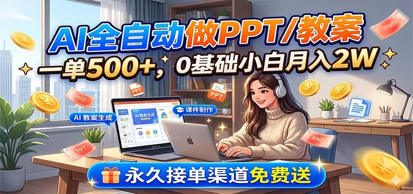 AI全自动做PPT/教案，一单500+，0基础小白月入2W，永久接单渠道免费送-卓越网创