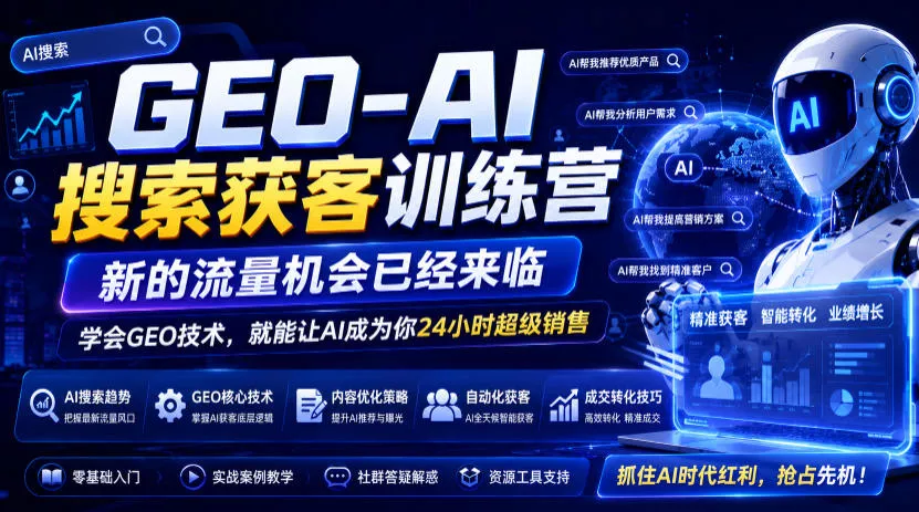 GEO-AI搜索获客训练营，新的流量机会已经来临，学会GEO技术，就能让AI成为你24小时超级销售-卓越网创