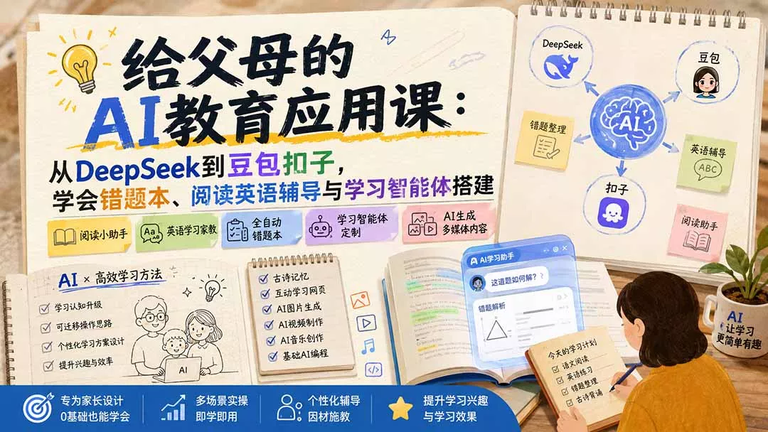 给父母的AI教育应用课:从DeepSeek到豆包扣子,学会错题本、阅读英语辅导与学习智能体搭建 给父母的AI教育应用课:从DeepSeek到豆包扣子,学会错题本、阅读英语辅导与学习智能体搭建