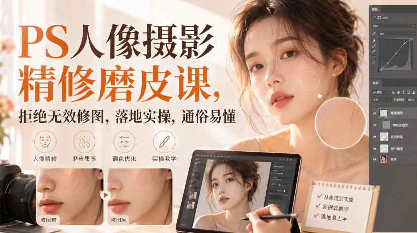 PS人像摄影精修磨皮课,拒绝无效修图,落地实操,通俗易懂-卓越网创