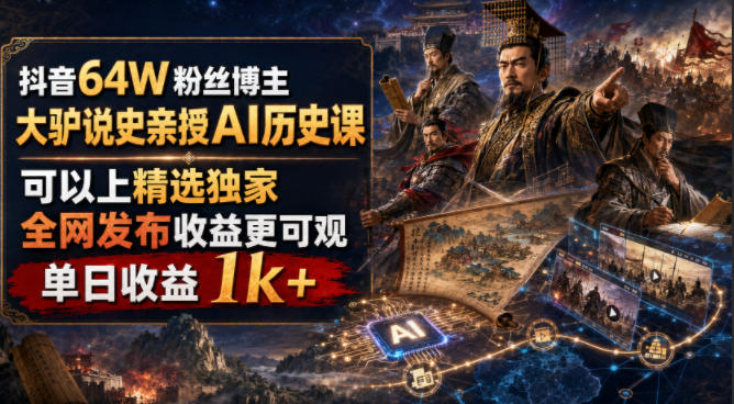 抖音64W粉丝博主大驴说史亲授AI历史课,可以上精选独家,全网发布收益更可观,单日收益1k+(更新)-卓越网创