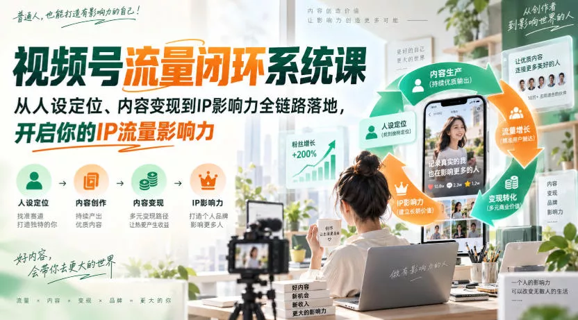 视频号流量闭环系统课，从人设定位、内容变现到IP影响力全链路落地，开启你的IP流量影响力-卓越网创