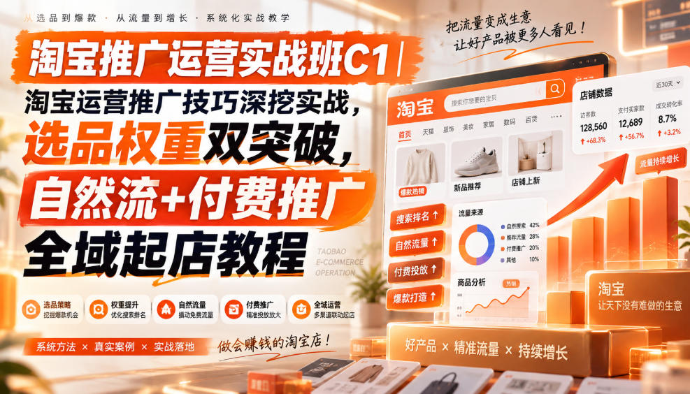 淘宝推广运营实战班C1｜淘宝运营推广技巧深挖实战，选品权重双突破，自然流+付费推广全域起店教程-卓越网创