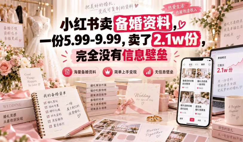 小红书卖备婚资料，一份5.99-9.99，卖了2.1w份，完全没有信息壁垒-卓越网创
