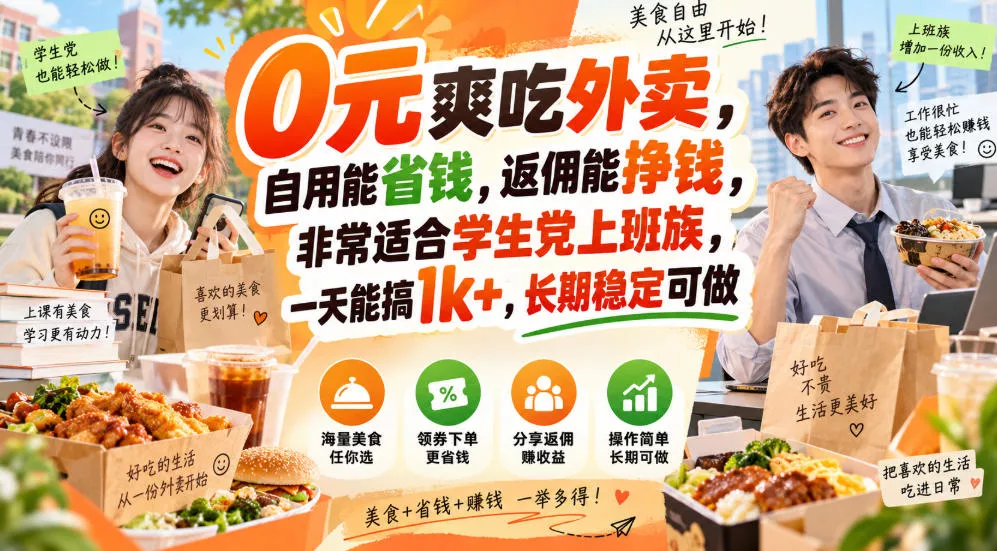 0元爽吃外卖,自用能省钱,返佣能挣钱,非常适合学生党上班族,一天能搞1k+,长期稳定可做-卓越网创
