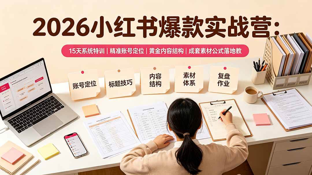 （19332期）2026小红书爆款实战营：15天系统特训｜精准账号定位｜黄金内容结构｜成套素材公式落地教程-卓越网创