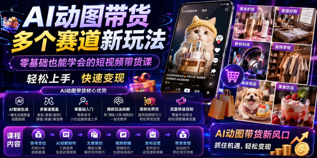 AI动图带货多个赛道新玩法,零基础也能学会的短视频带货课,轻松上手,快速变现 AI动图带货多个赛道新玩法,零基础也能学会的短视频带货课,轻松上手,快速变现
