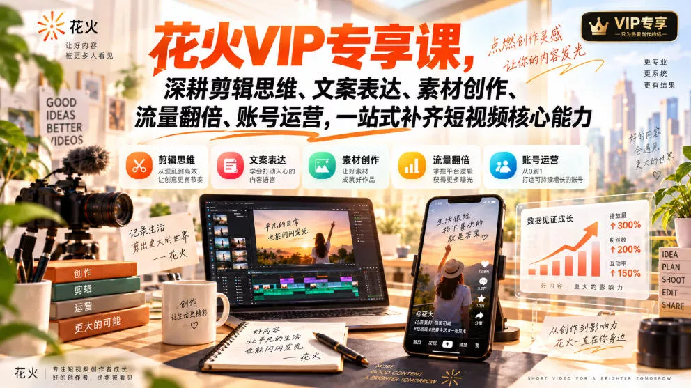 花火VIP专享课,深耕剪辑思维、文案表达、素材创作、流量翻倍、账号运营,一站式补齐短视频核心能力 花火VIP专享课,深耕剪辑思维、文案表达、素材创作、流量翻倍、账号运营,一站式补齐短视频核心能力