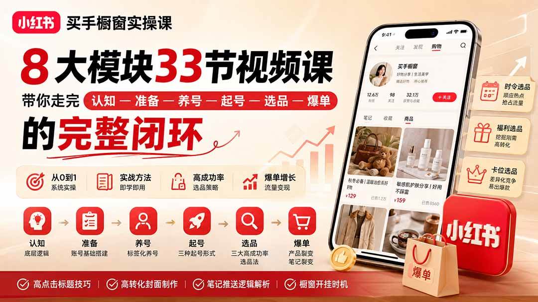 (20317期)小红书买手橱窗实操课:8大模块33节视频课,带你走完”认知—准备—养号—起号—选品—爆单”的完整闭环 (20317期)小红书买手橱窗实操课:8大模块33节视频课,带你走完”认知—准备—养号—起号—选品—爆单”的完整闭环
